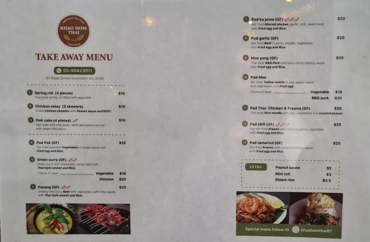 Menu, Khao Hom Thai...... Take away
