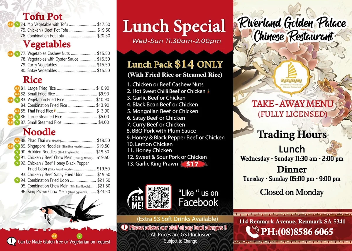 Menu, Riverland Golden Palace Restaurant