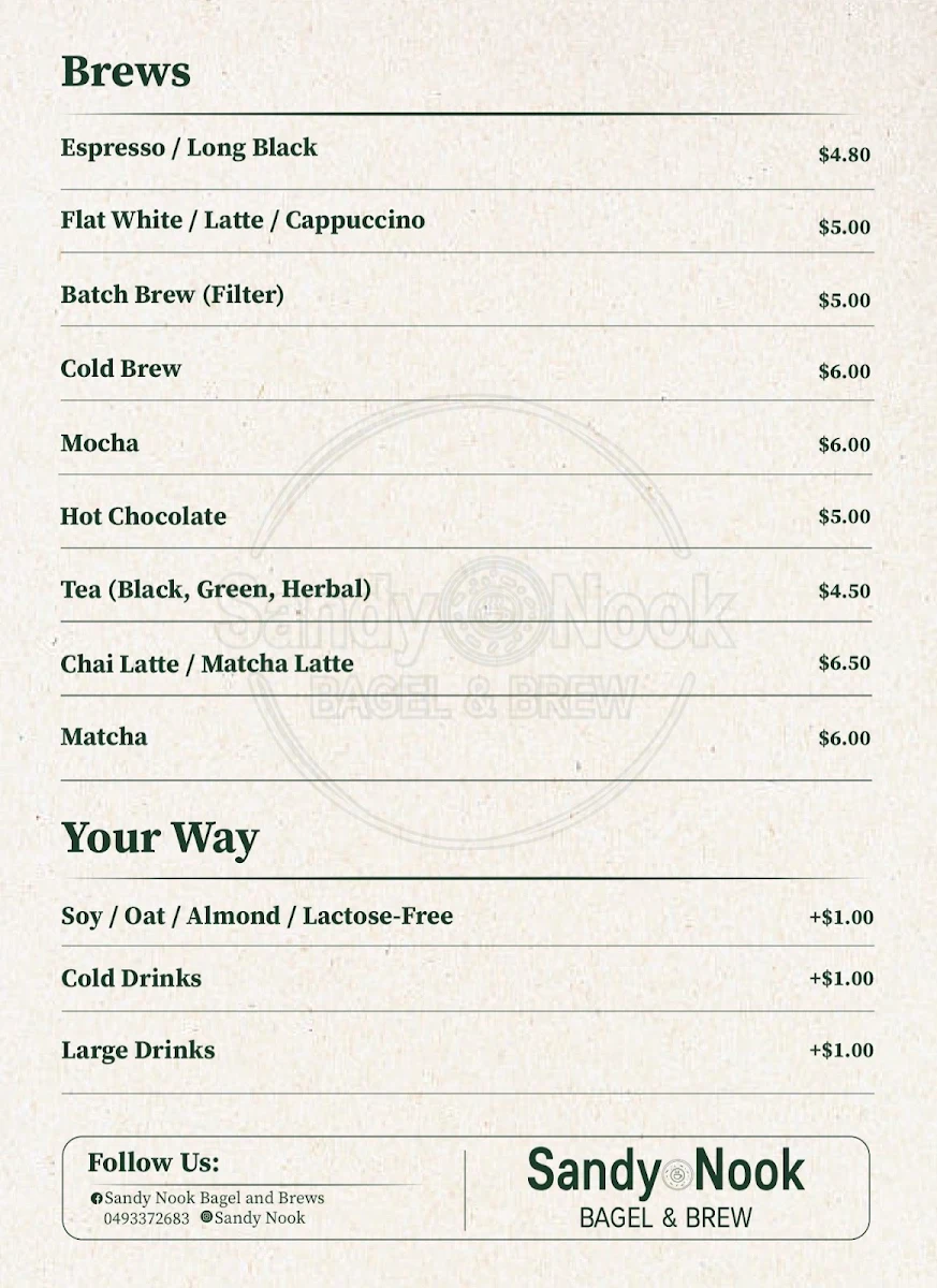 Menu, Sandy Nook Bagel and Brew