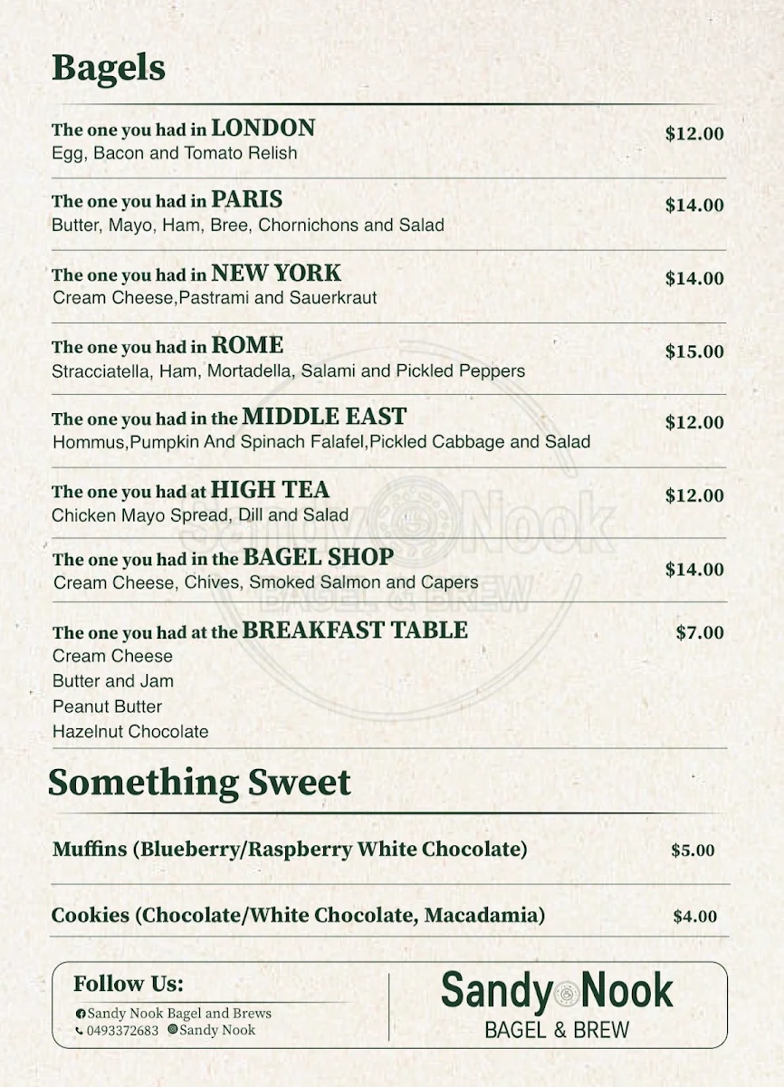 Menu, Sandy Nook Bagel and Brew