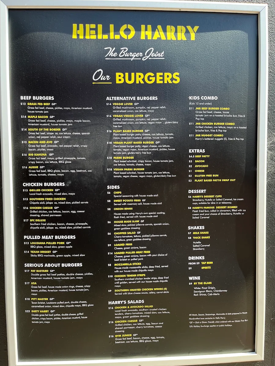 Menu, Hello Harry The Burger Joint (Glenelg)
