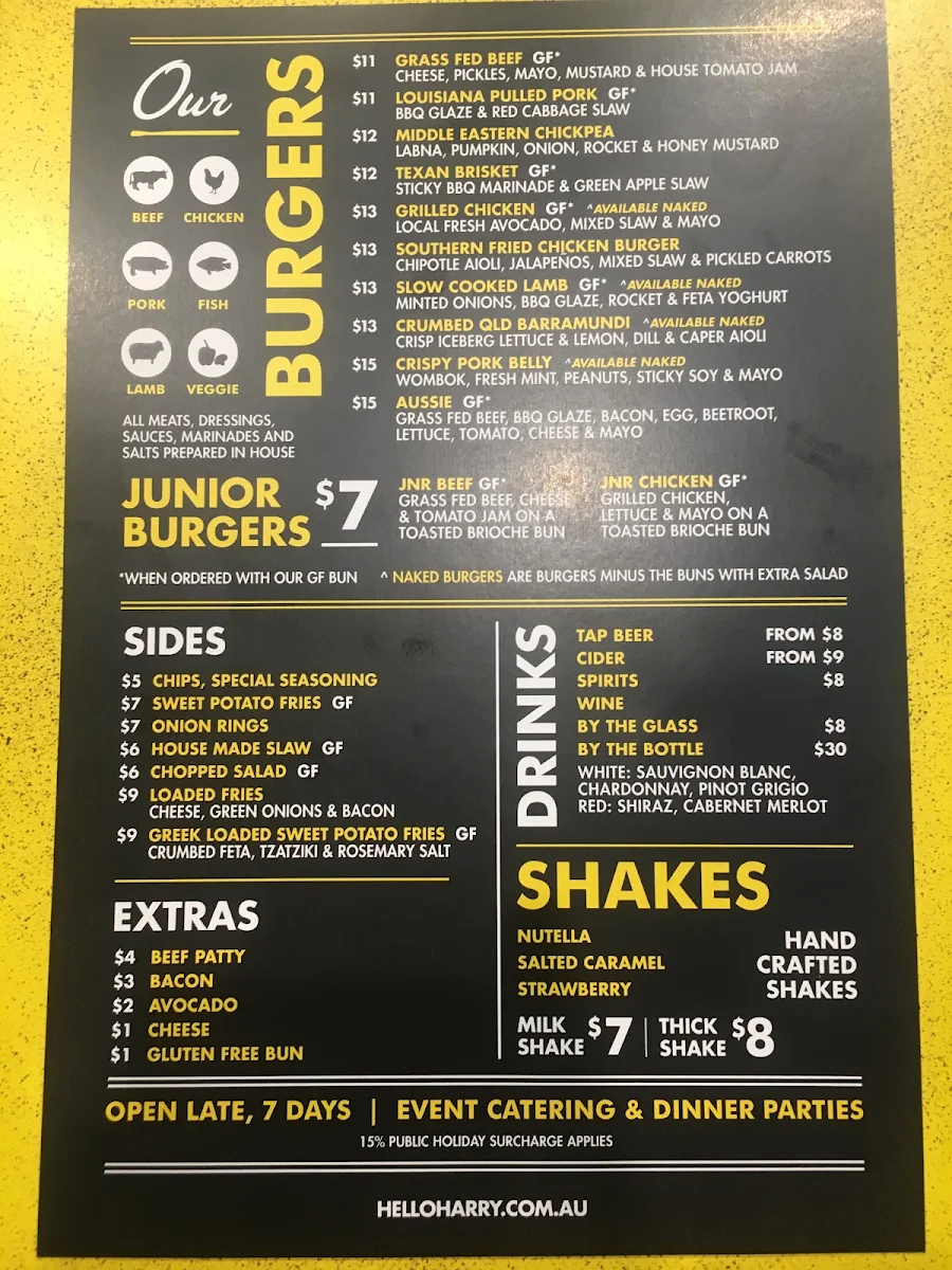 Menu, Hello Harry The Burger Joint (Glenelg)