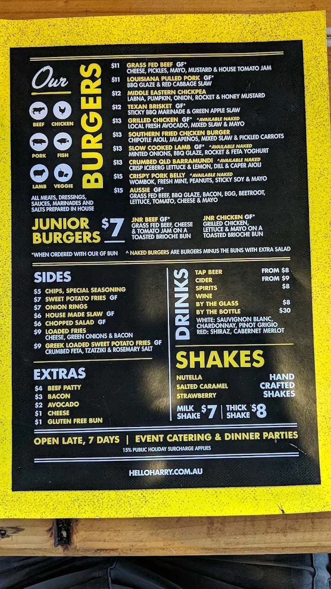 Menu, Hello Harry The Burger Joint (Glenelg)