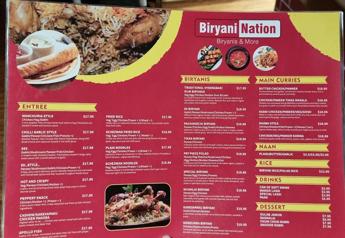 Menu, Biryani Nation Tarneit