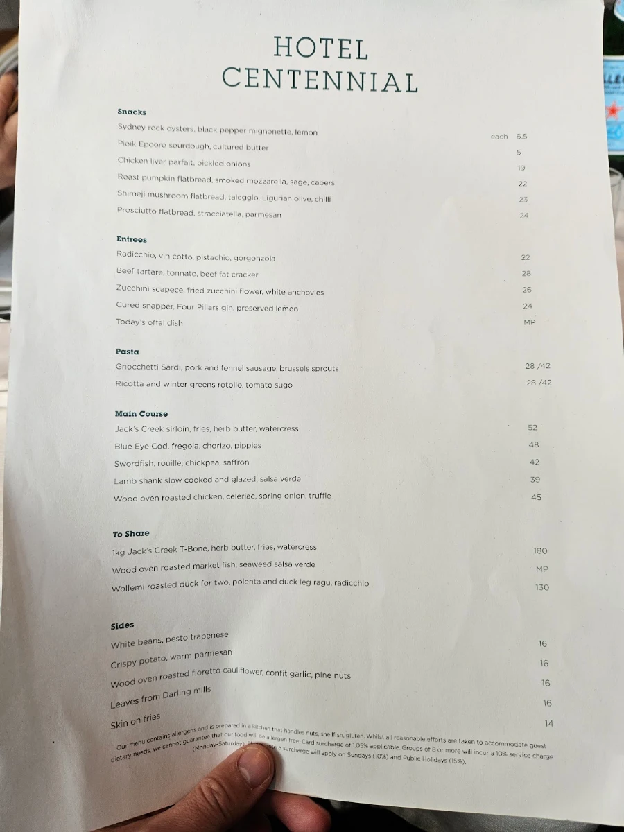 Menu, Hotel Centennial