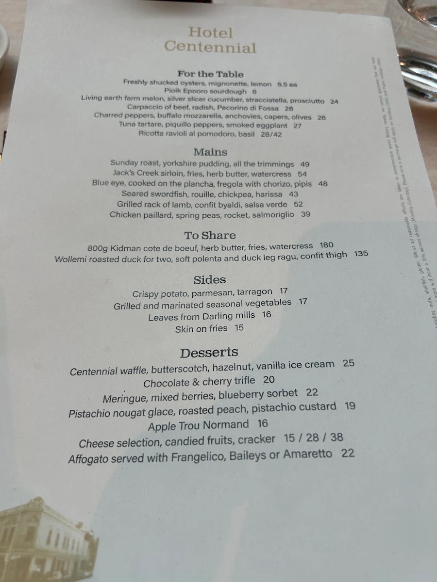 Menu, Hotel Centennial