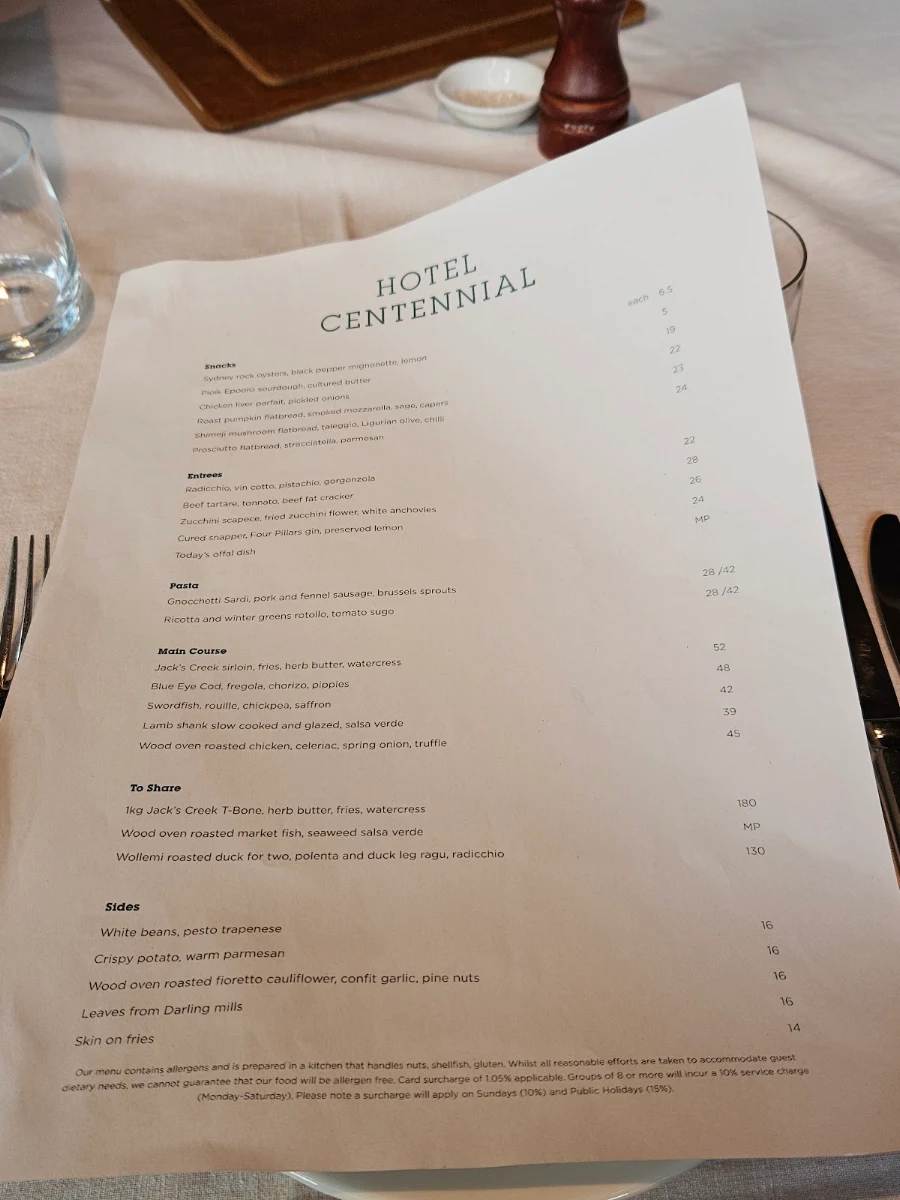 Menu, Hotel Centennial