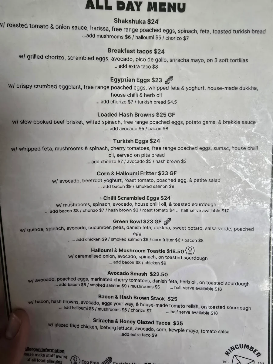Menu, Kincumber post cafe