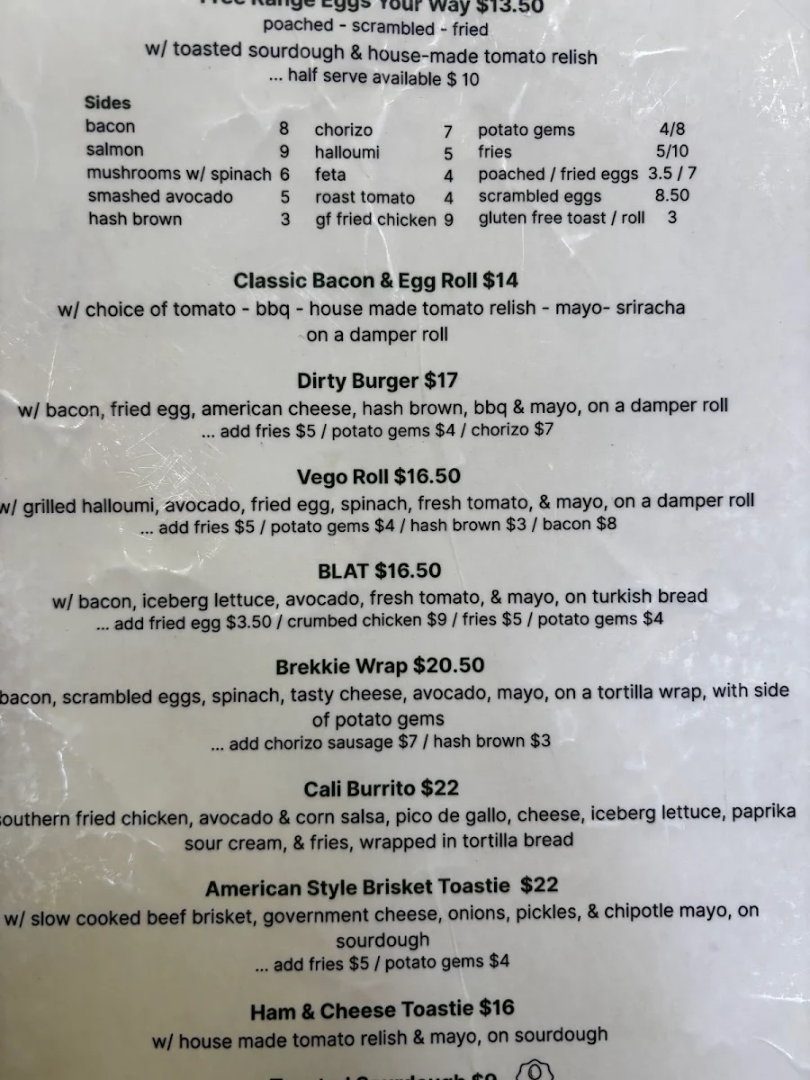 Menu, Kincumber post cafe