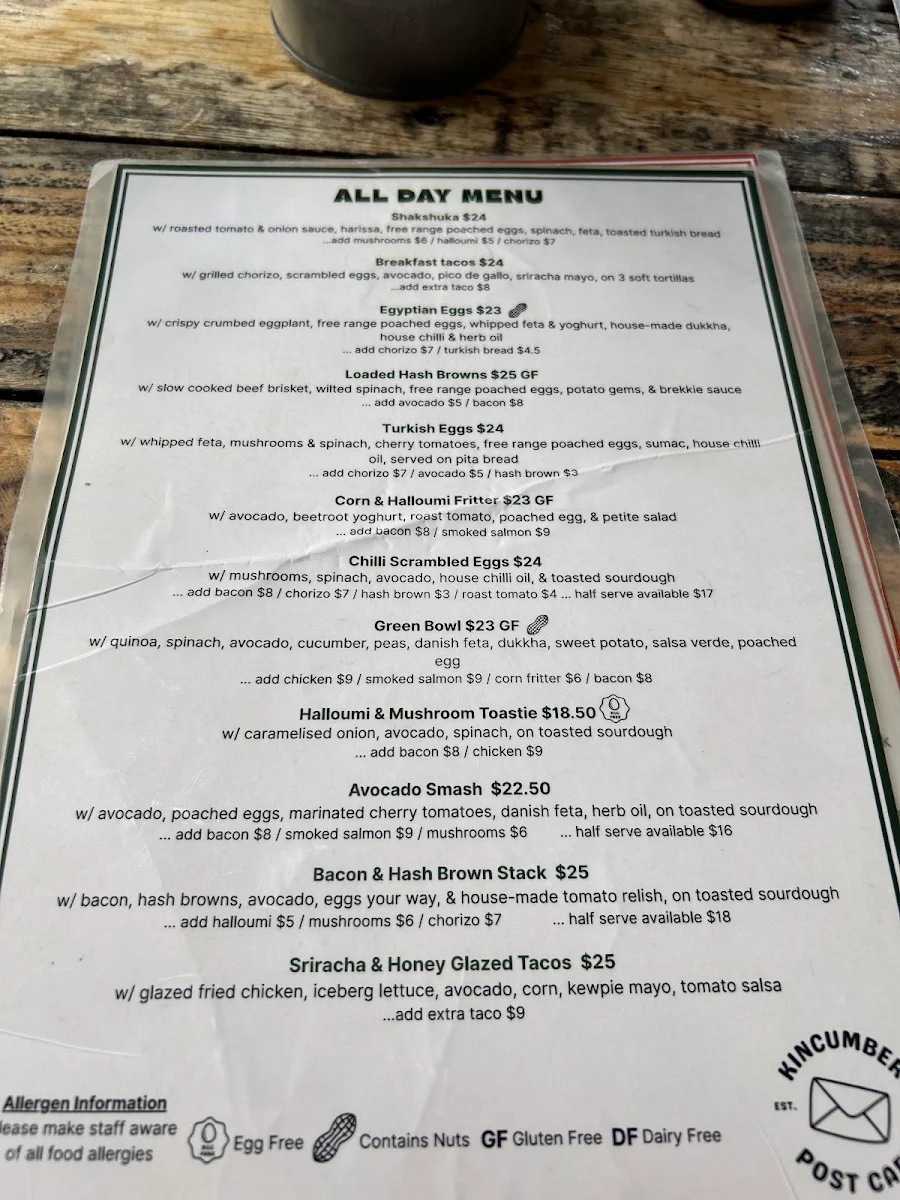 Menu, Kincumber post cafe