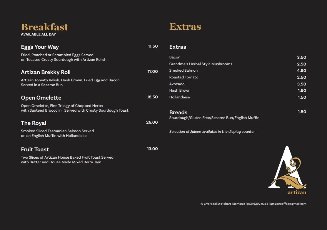 Menu, Artizan Coffee