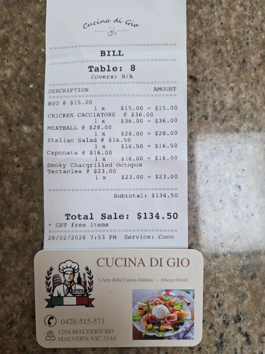 Menu, Cucina Di Gió Restaurant