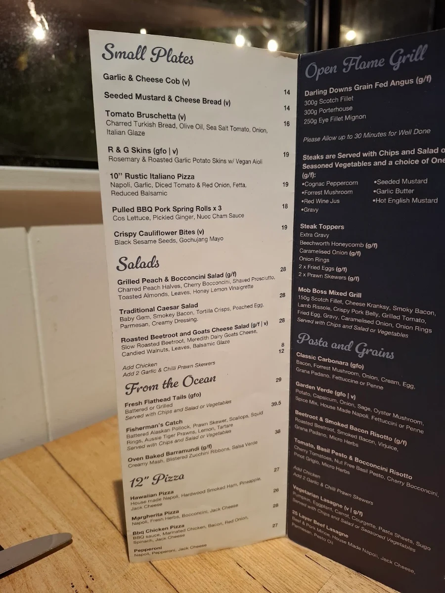 Menu, One Tree Hill Hotel