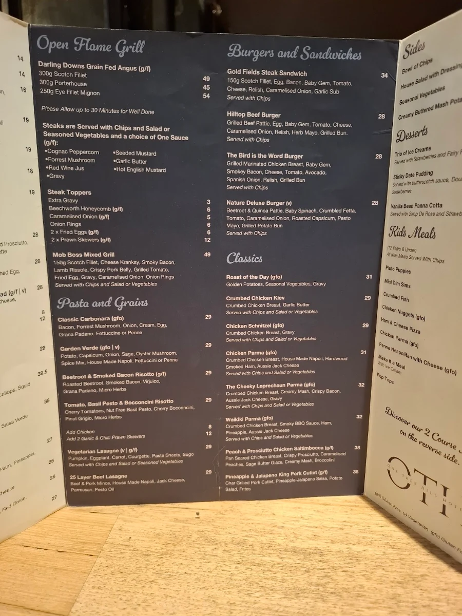 Menu, One Tree Hill Hotel