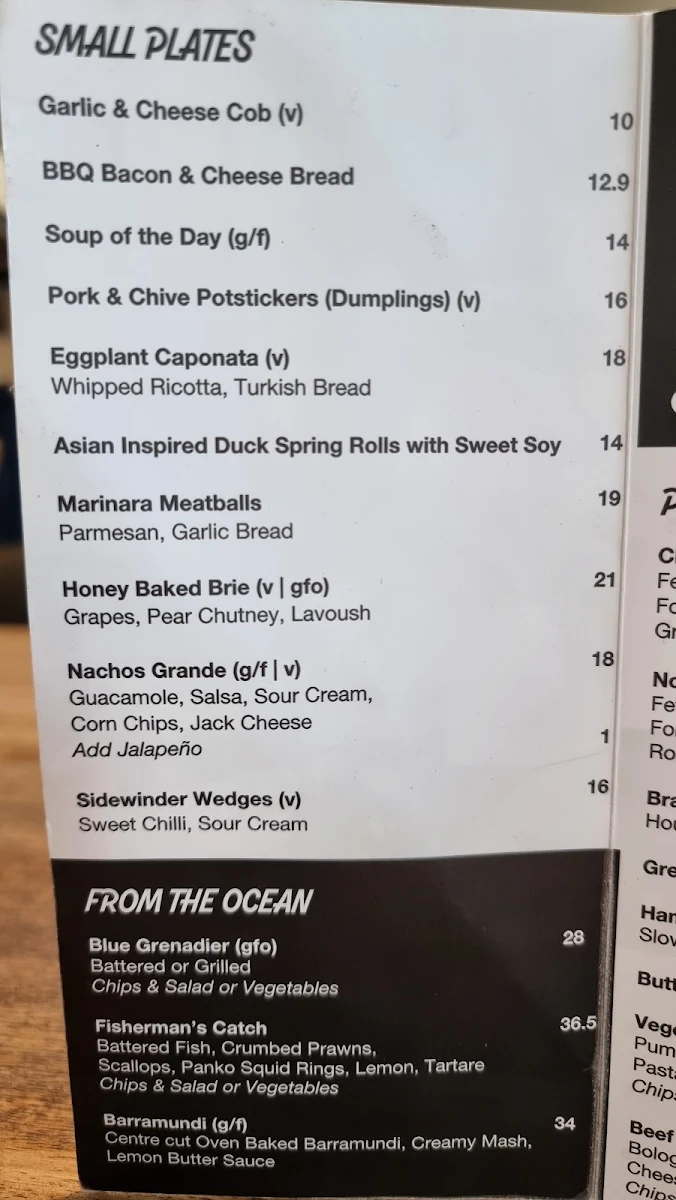 Menu, One Tree Hill Hotel
