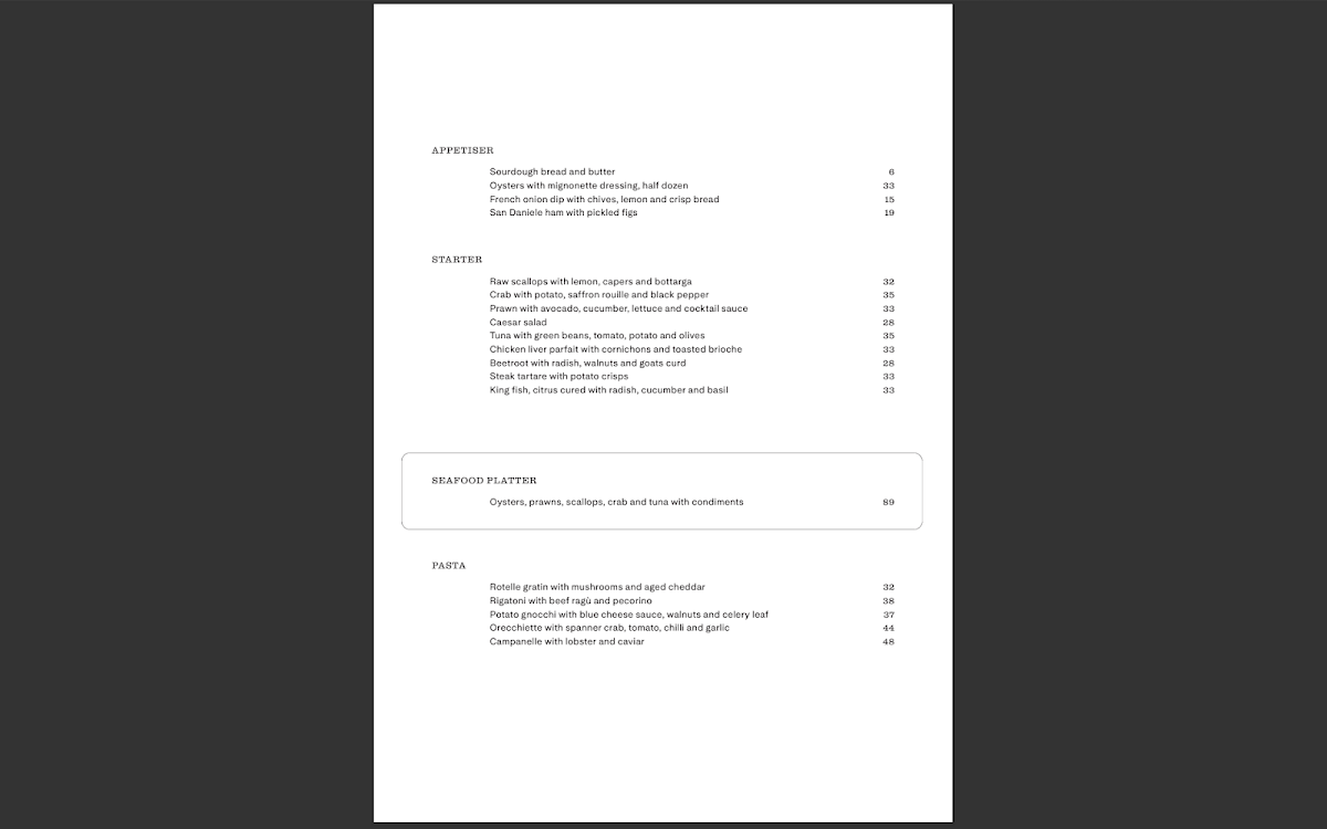 Menu, Rothwell’s Bar & Grill