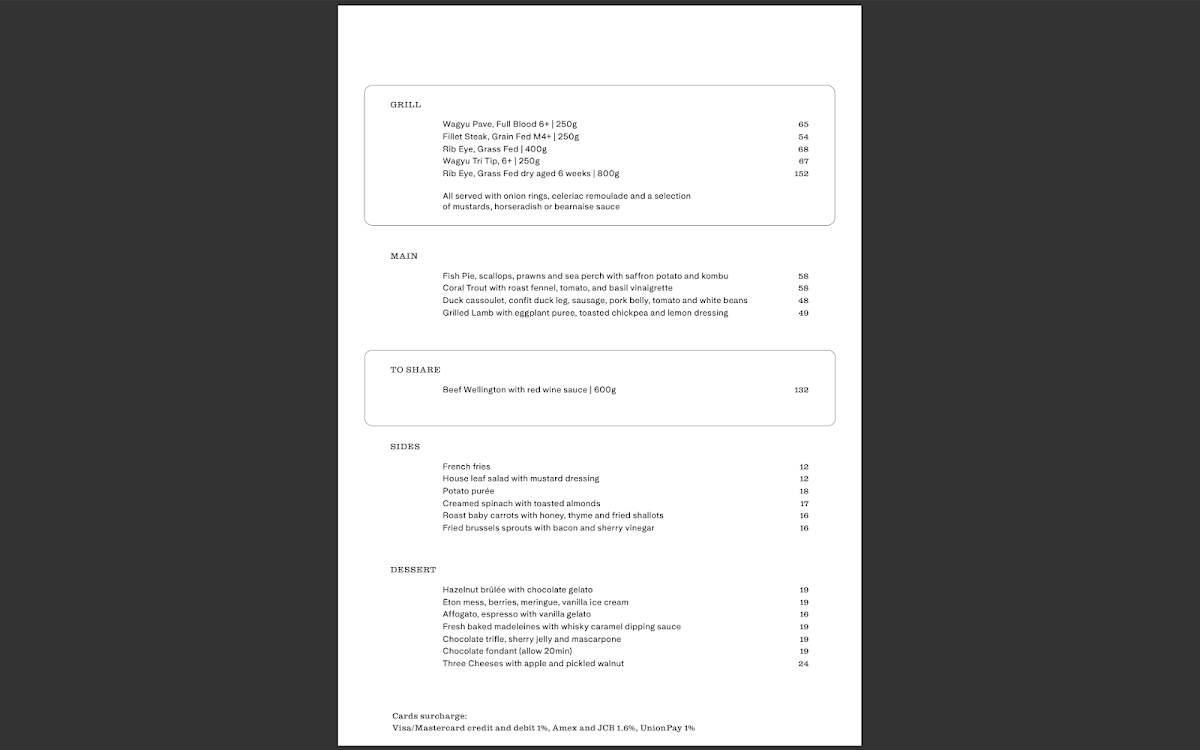 Menu, Rothwell’s Bar & Grill