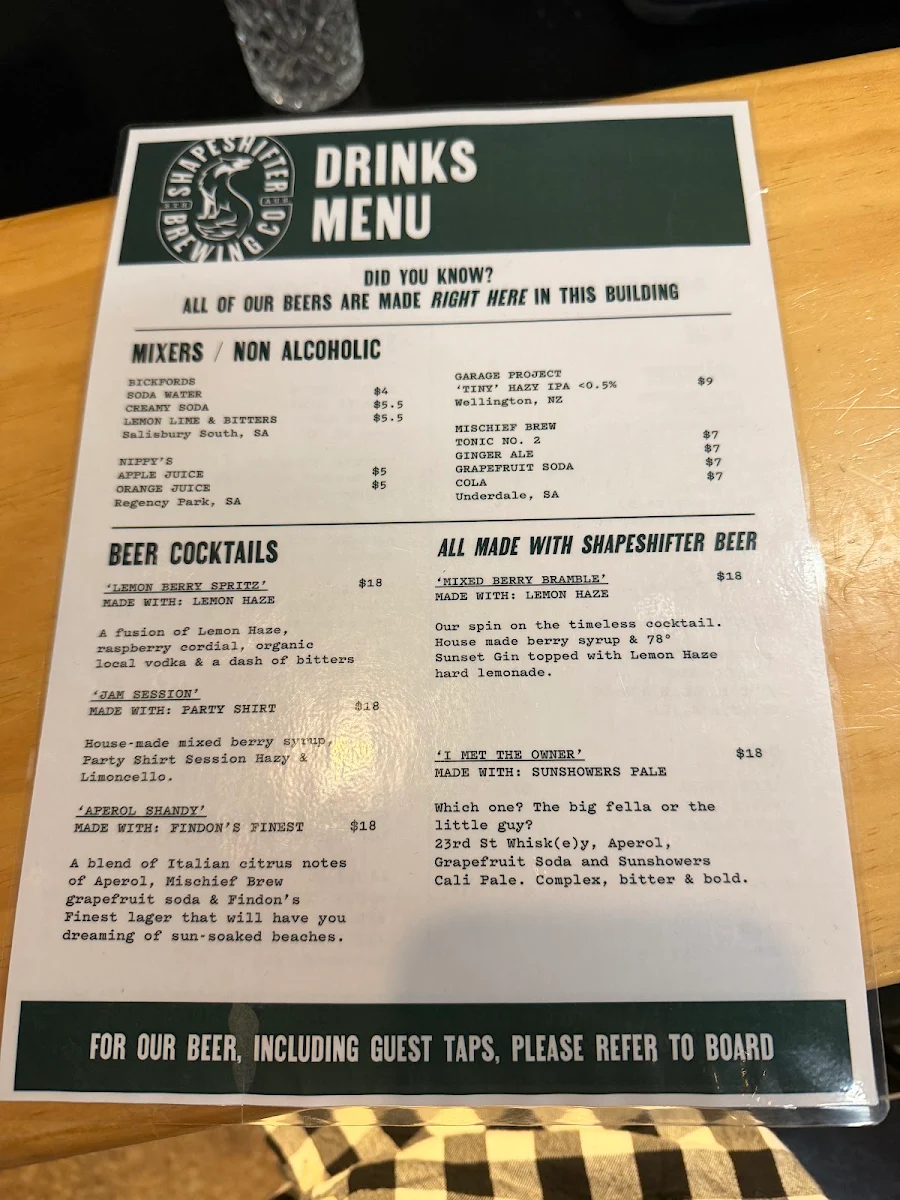 Menu, Shapeshifter Brewing Co