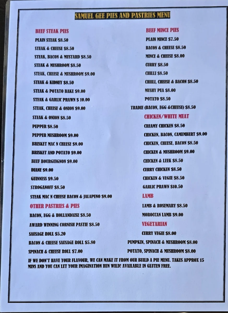 Menu, Samuel Gee Pies and Pastries