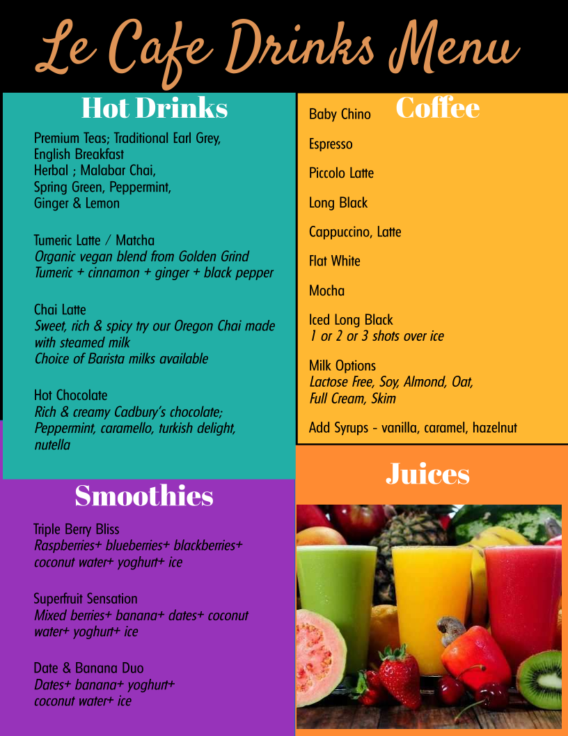 Menu, Le Cafe on St George