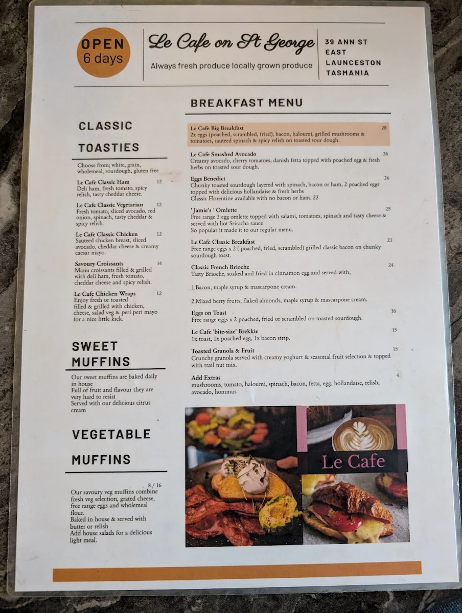 Menu, Le Cafe on St George