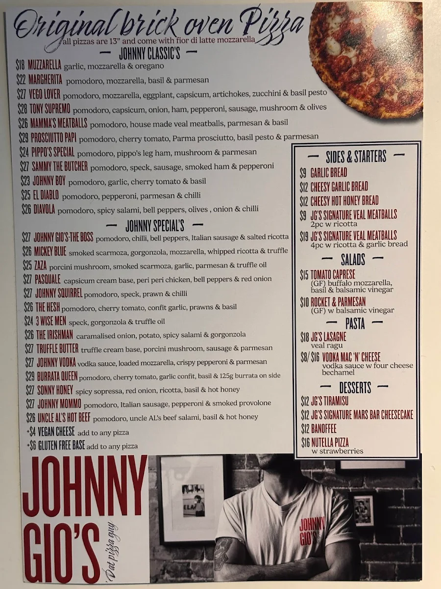 Menu, Johnny Gio's Pizza Mascot
