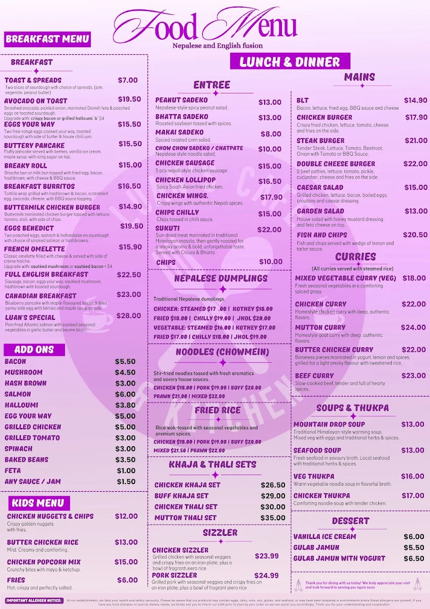 Menu, Luan's Cafe & Kitchen