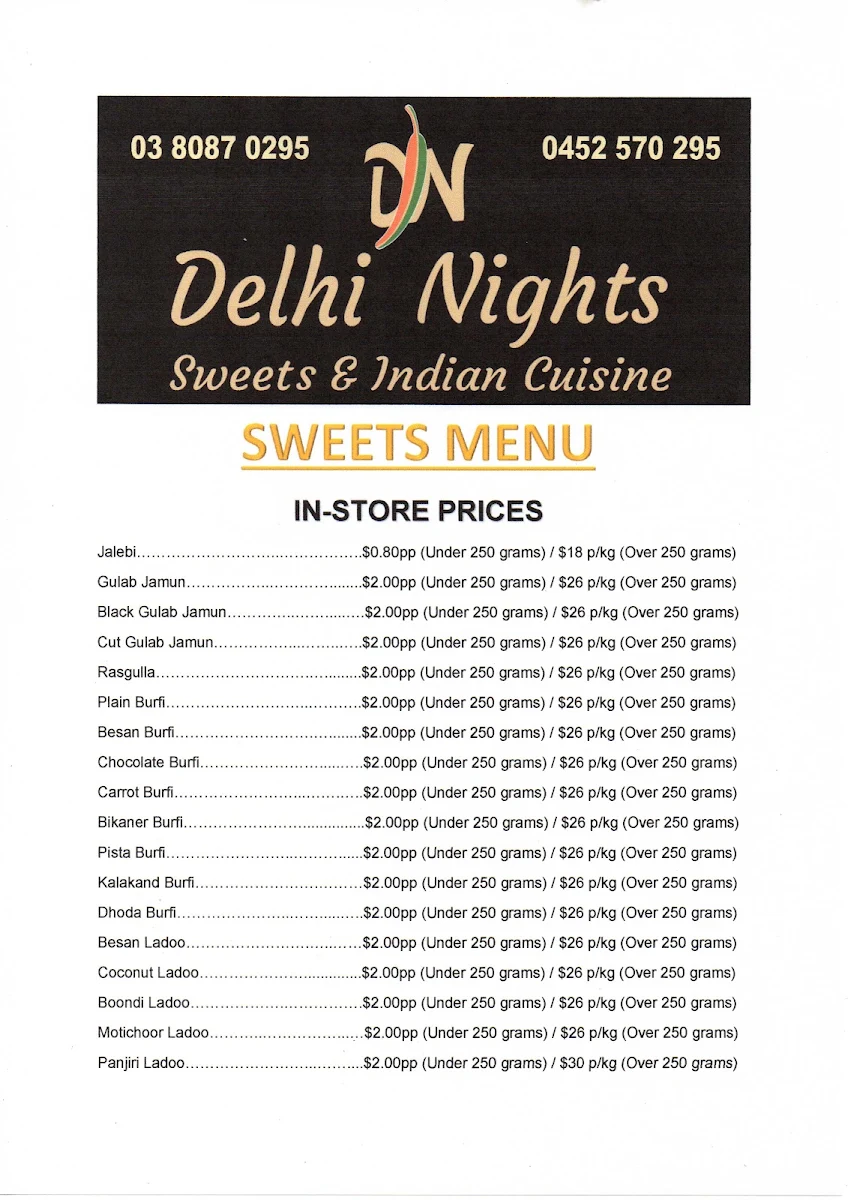 Menu, DELHI NIGHTS - Hoppers Crossing