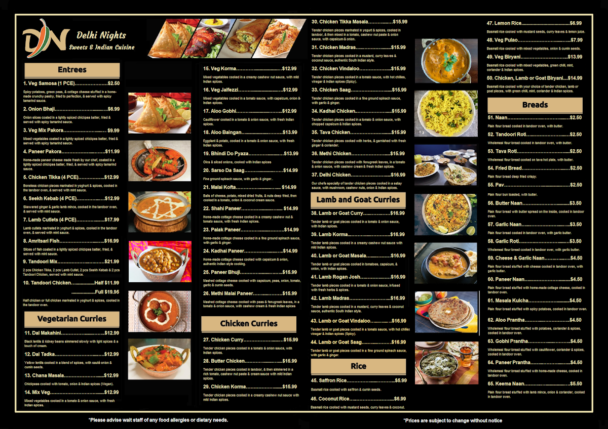 Menu, DELHI NIGHTS - Hoppers Crossing