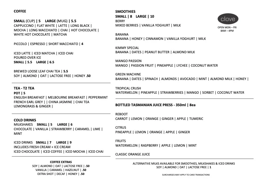 Menu, Clove Cafe