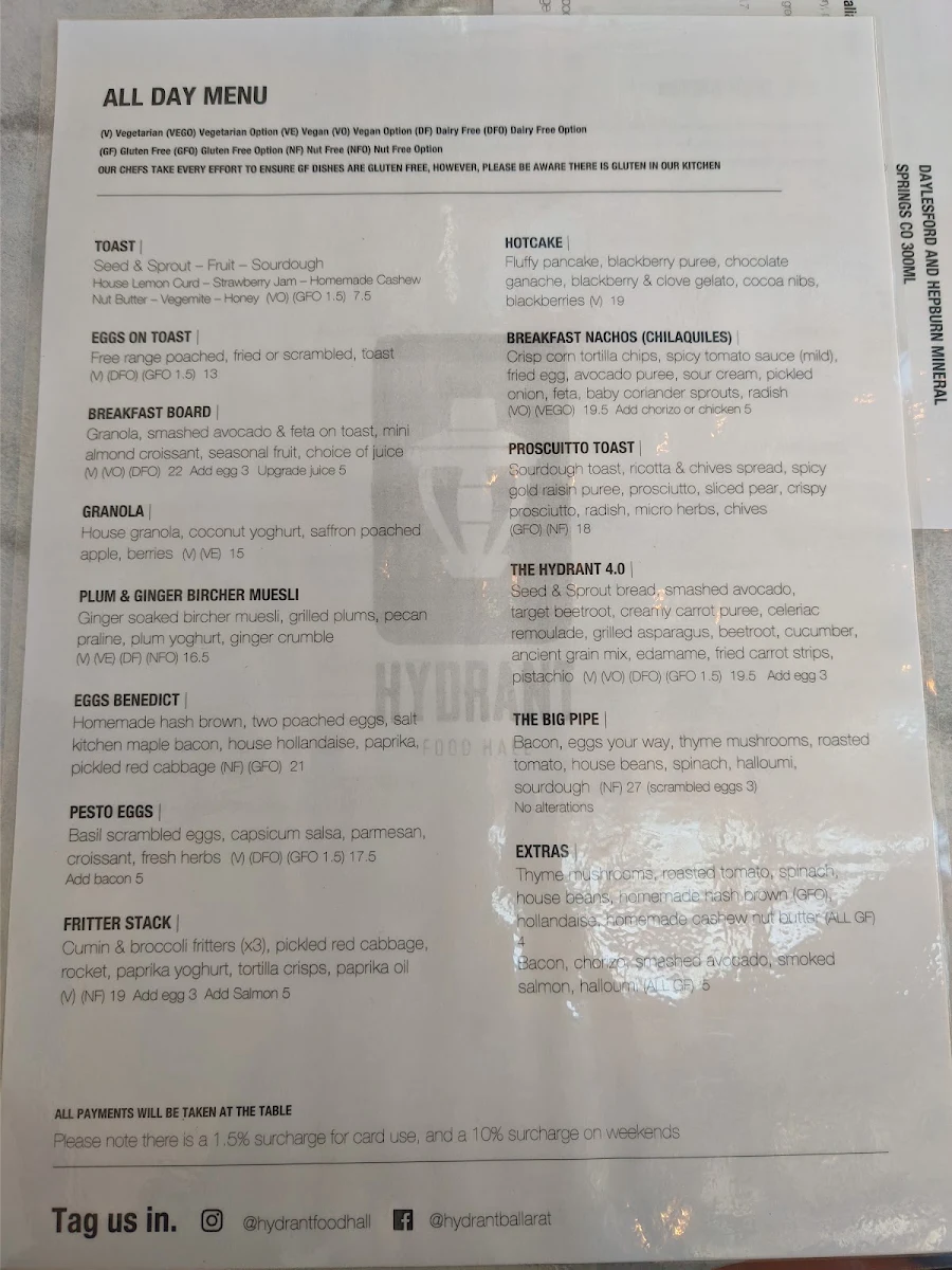 Menu, Hydrant Food Hall