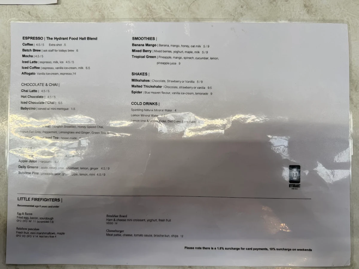 Menu, Hydrant Food Hall