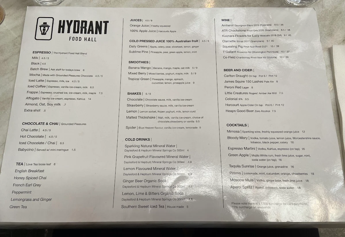 Menu, Hydrant Food Hall