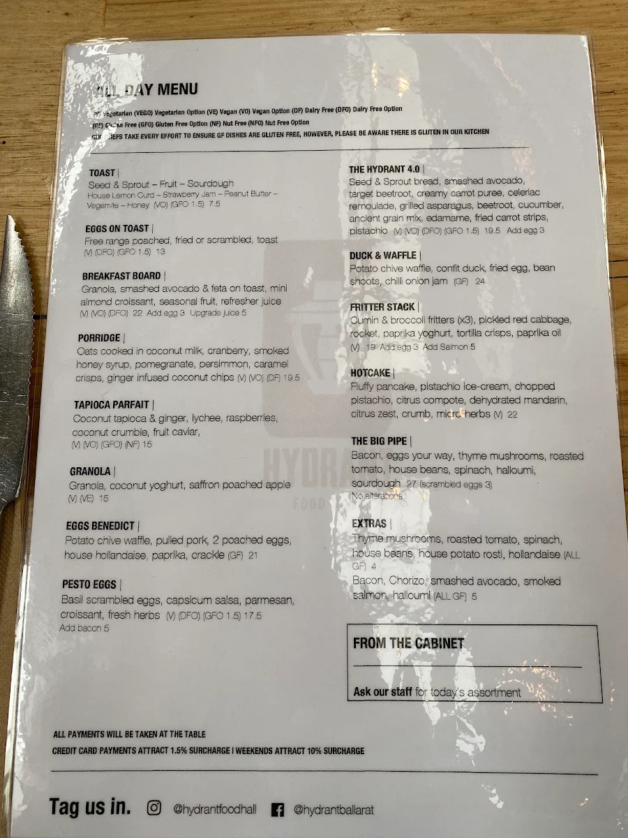 Menu, Hydrant Food Hall