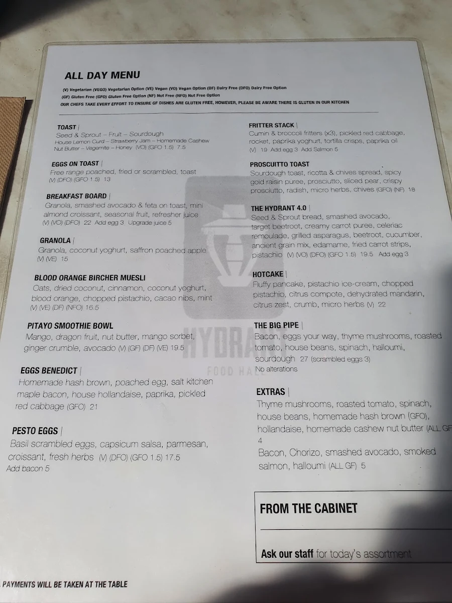 Menu, Hydrant Food Hall