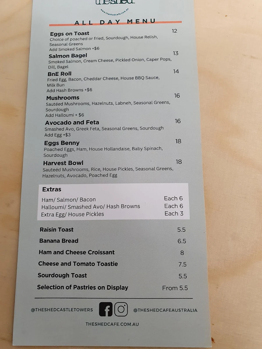 Menu, The Shed Cafe - Castle Hill