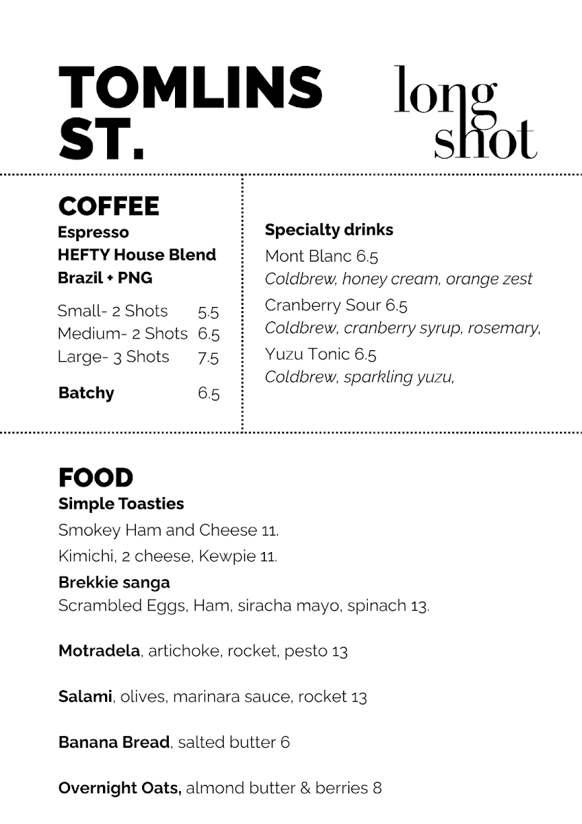 Menu, Long Shot Coffee Co.