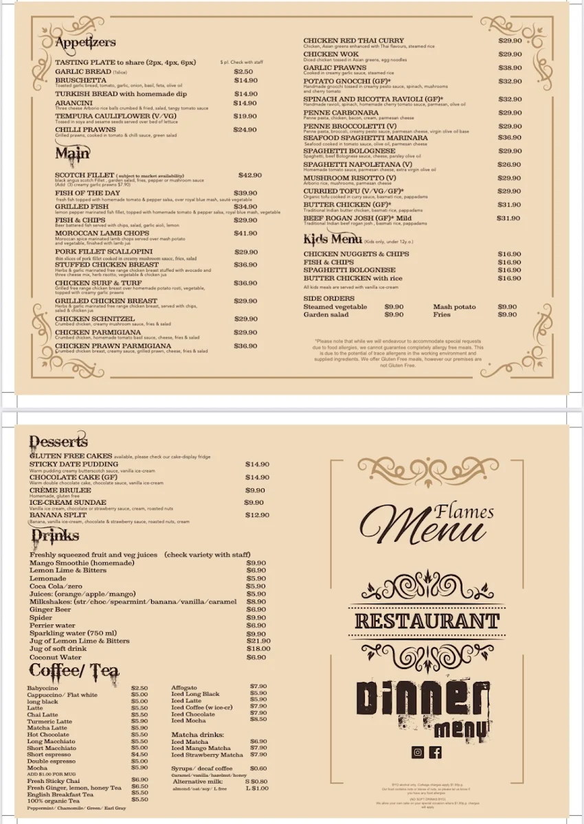 Menu, Flames Restaurant Cafe