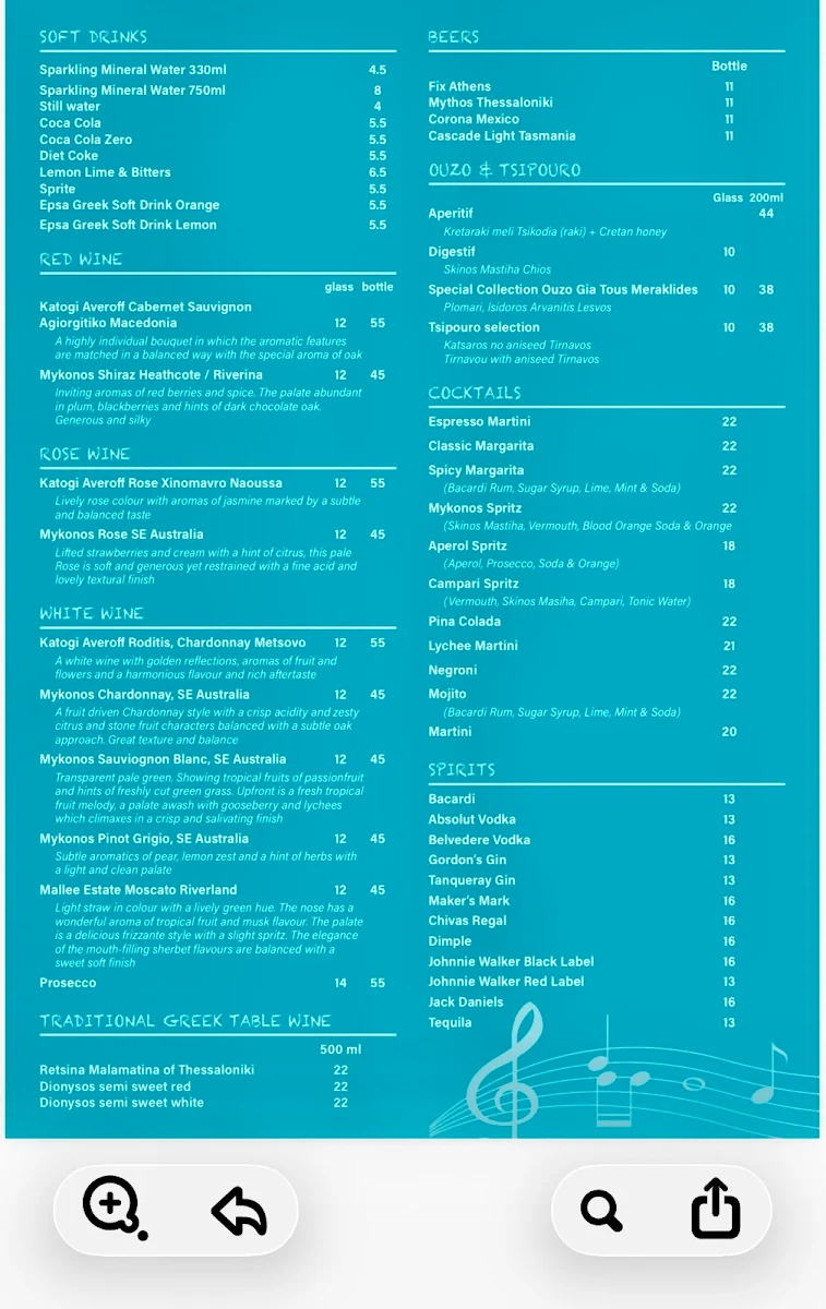 Menu, Mykonos Live Music Restaurant Bar