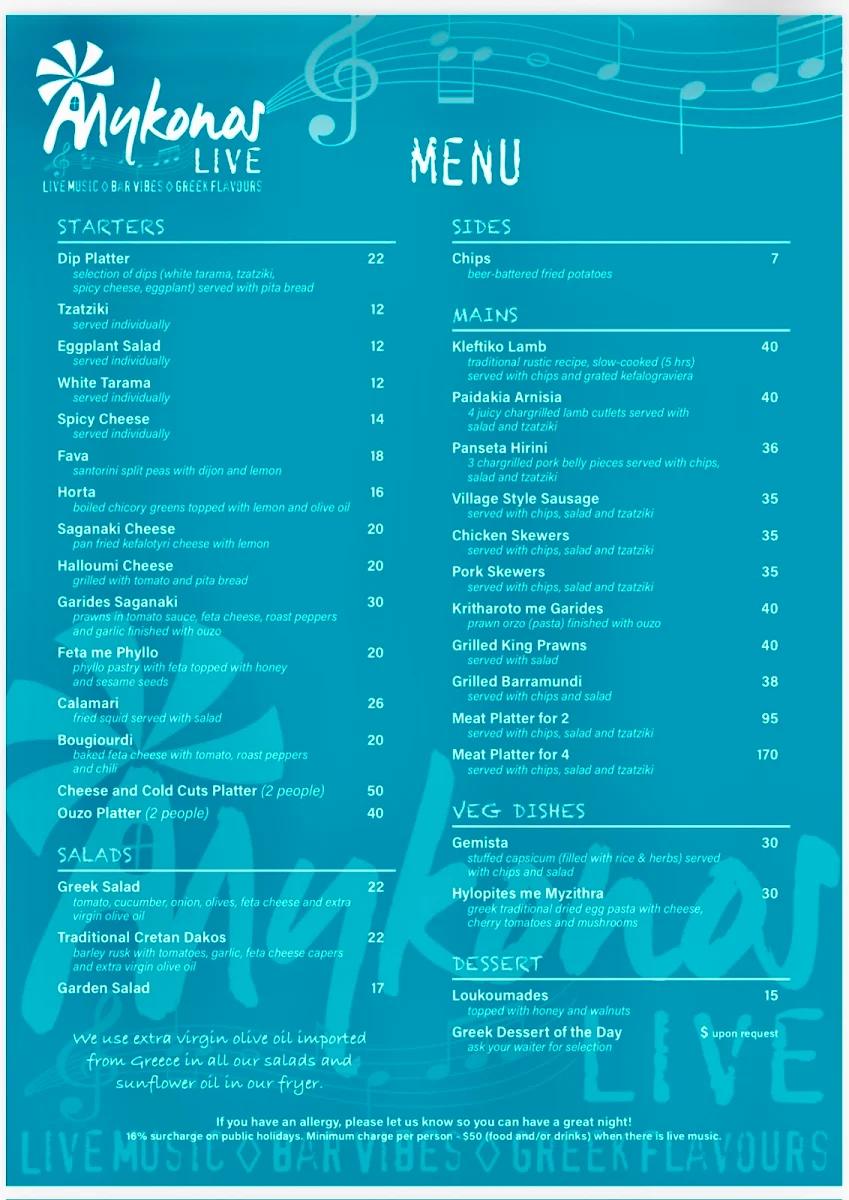 Menu, Mykonos Live Music Restaurant Bar