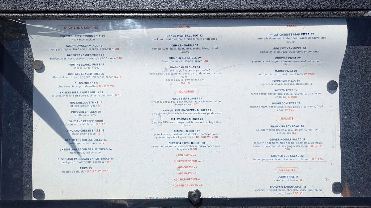 Menu, Henley's Bar & Kitchen
