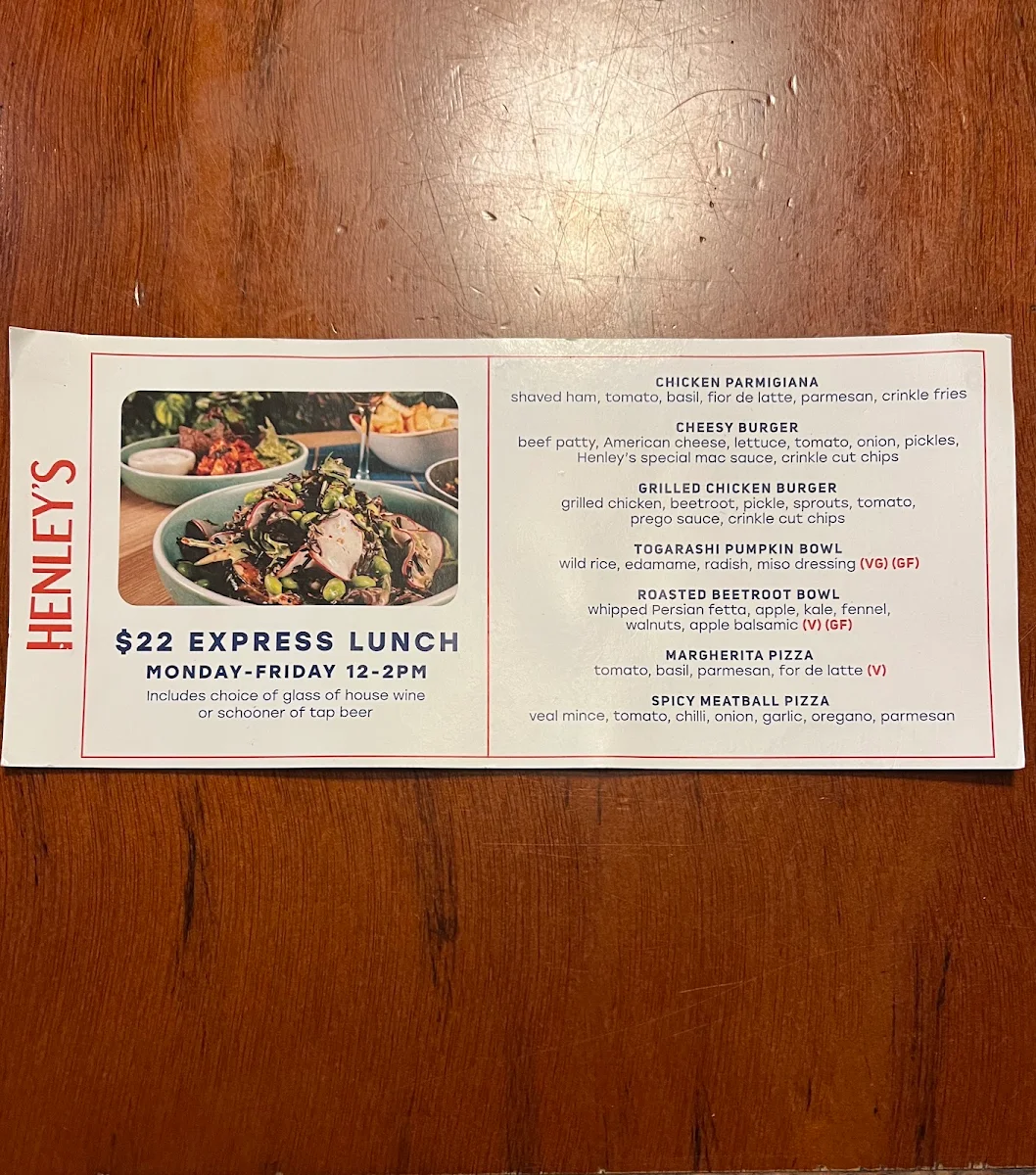Menu, Henley's Bar & Kitchen