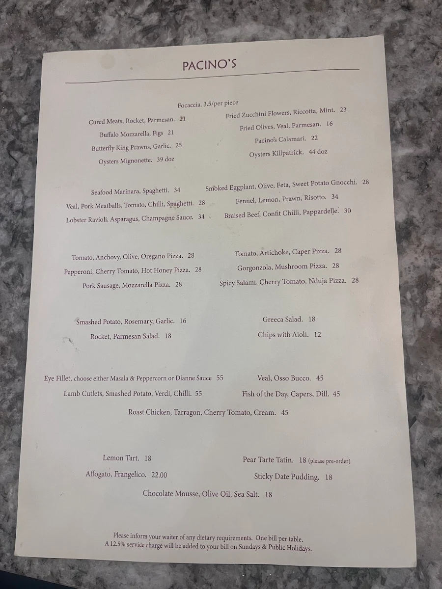 Menu, Pacino's