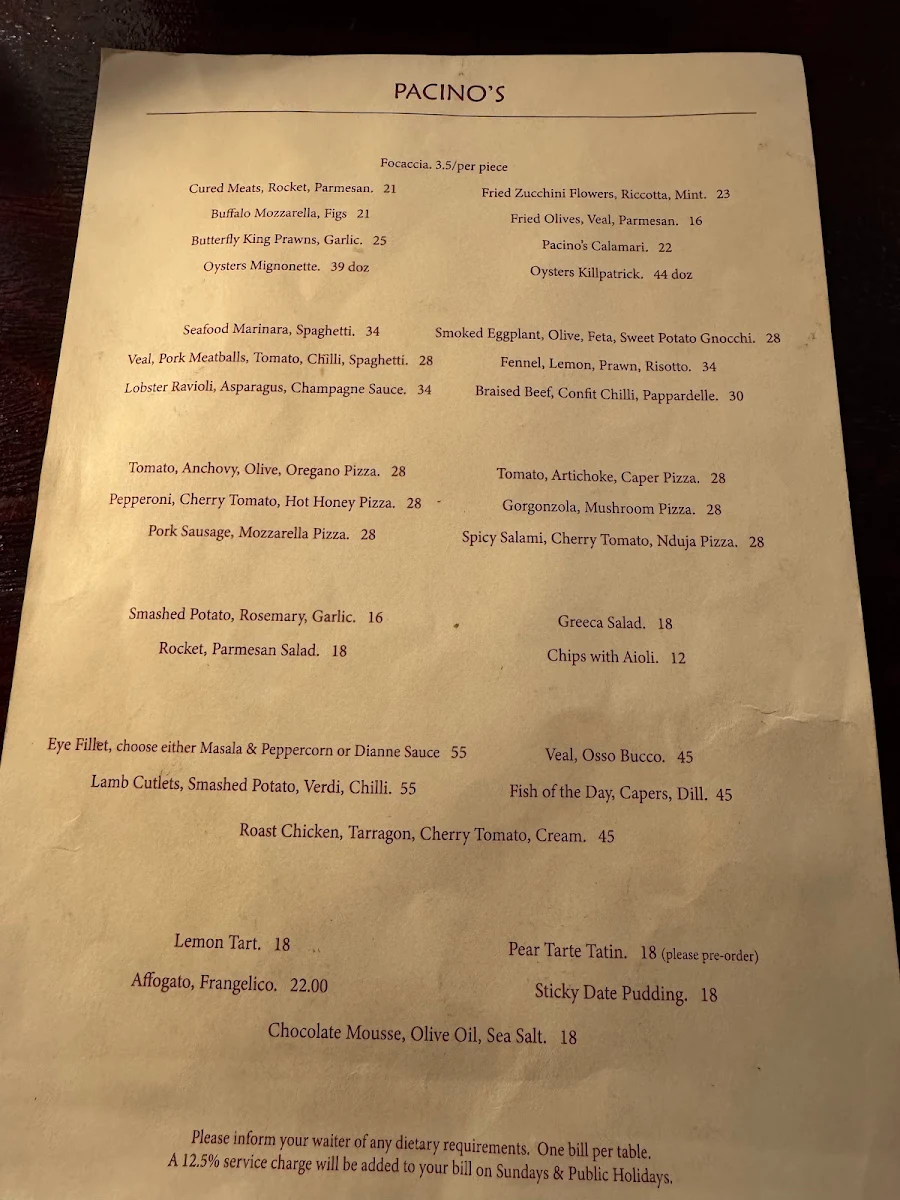 Menu, Pacino's