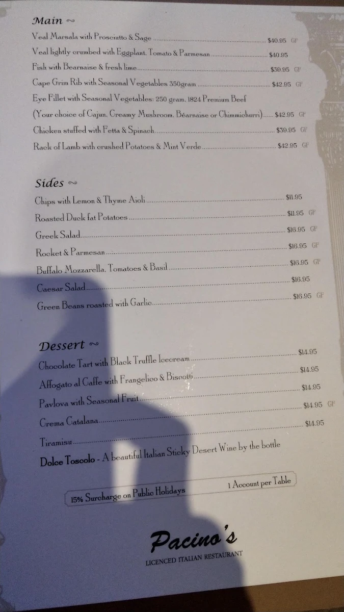 Menu, Pacino's