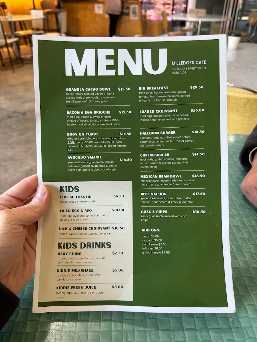 Menu, Milledge's Café