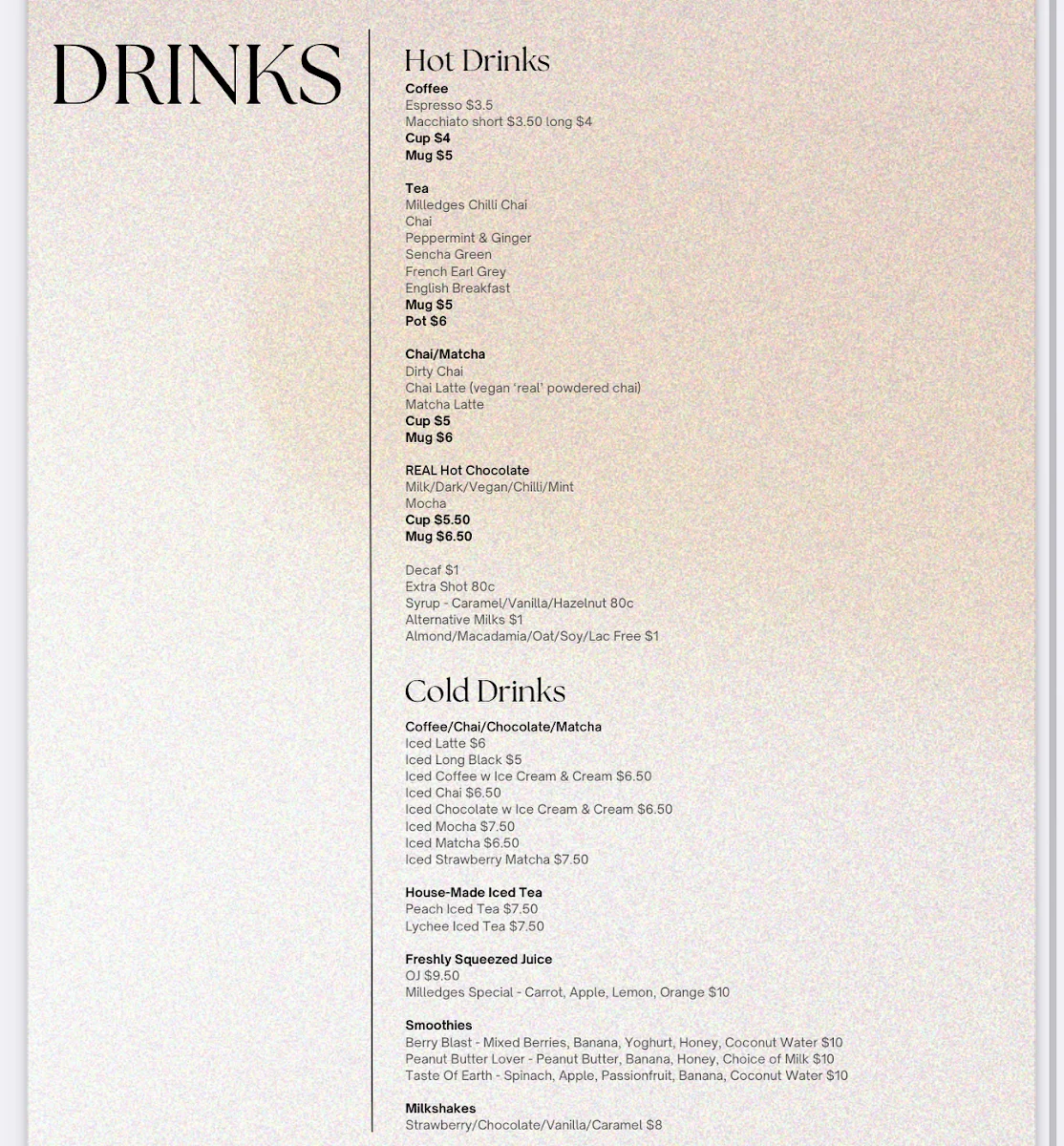Menu, Milledge's Café