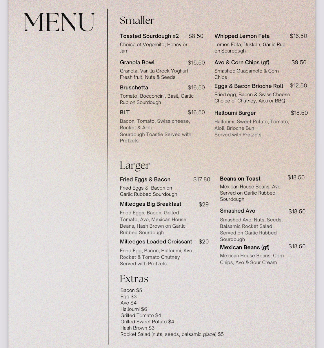Menu, Milledge's Café