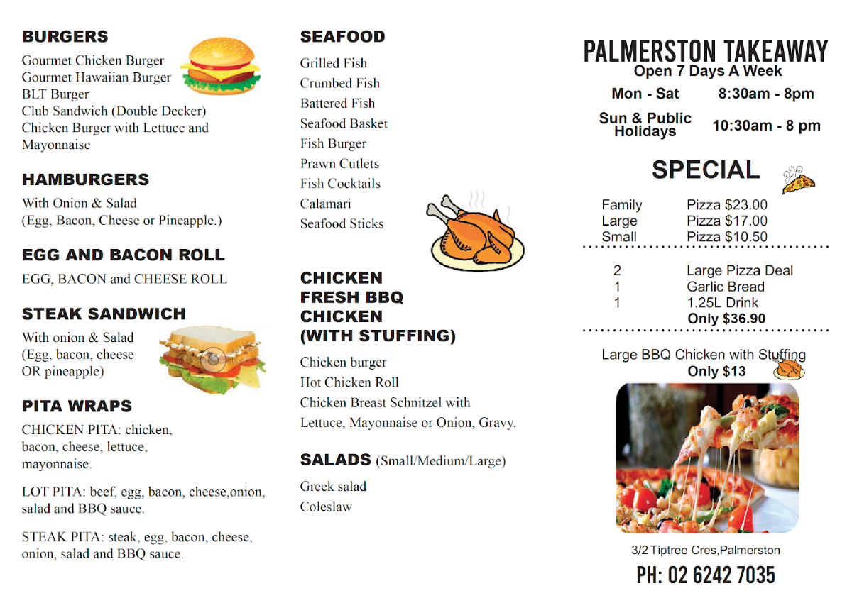 Menu, Palmerston Takeaway