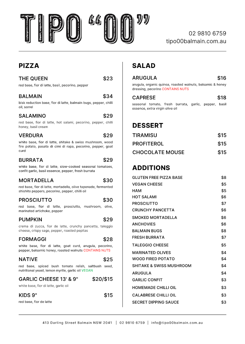 Menu, Tipo 00 Balmain